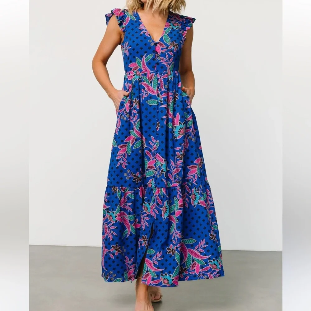 ❌SOLD❌Baltic Born Indigo Print Biscayne Blue & Pink Maxi Dress SIZE XL - Picture 1 of 8